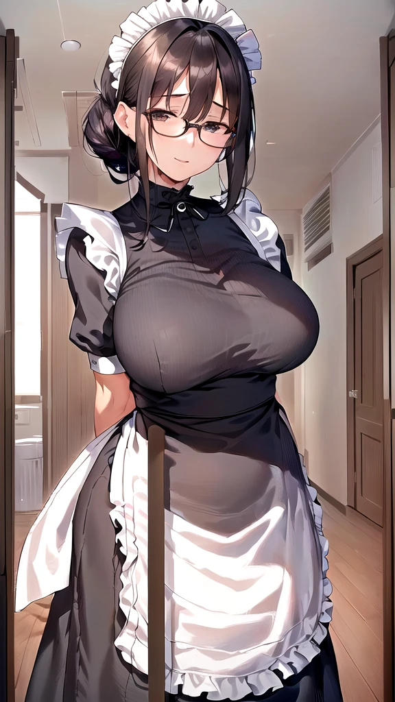 {{masterpiece}},high quality, 4K, 2D,1 girl,{simple gray background},(45 year old woman,mature female:1.7),standing,(sagging breasts:0.4),(gigantic breasts:1.4),(maid:1.7), black hair,(chignon:1.2),1 braid,impossible clothes, (from right in front of face and body:2),{front facing shot},Wear glasses,inside the room