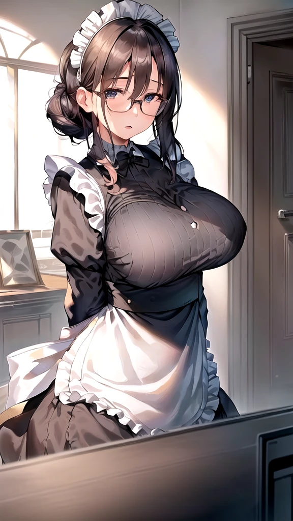 {{masterpiece}},high quality, 4K, 2D,1 girl,{simple gray background},(45 year old woman,mature female:1.7),standing,(sagging breasts:0.4),(gigantic breasts:1.4),(maid:1.7), black hair,(chignon:1.2),1 braid,impossible clothes, (from right in front of face and body:2),{front facing shot},Wear glasses,inside the room