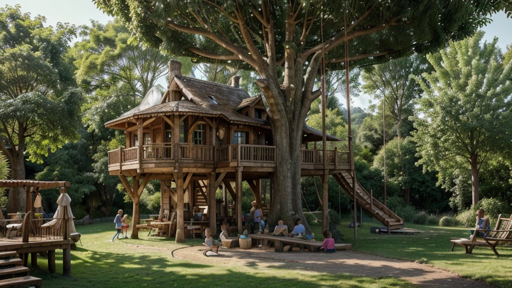 Create a hyperdetailed image of a mega treehouse. Show lots of families living in their own parts of the treehouse. They are interacting with each other and having a wonderful time. Some are hanging out washing, others are playing with children. The sun is shining and there is a beautiful countryside background.