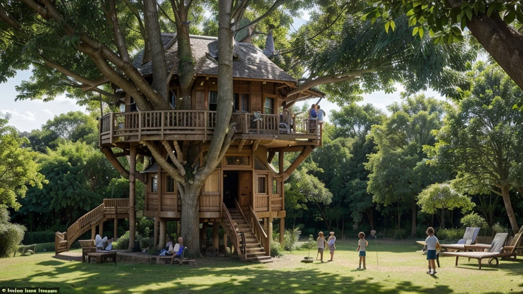 Create a hyperdetailed image of a mega treehouse. Show lots of families living in their own parts of the treehouse. They are interacting with each other and having a wonderful time. Some are hanging out washing, others are playing with children. The sun is shining and there is a beautiful countryside background.