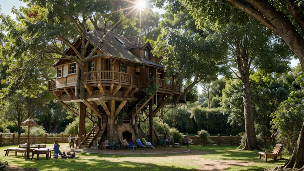 Create a hyperdetailed image of a mega treehouse. Show lots of families living in their own parts of the treehouse. They are interacting with each other and having a wonderful time. Some are hanging out washing, others are playing with children. The sun is shining and there is a beautiful countryside background.
