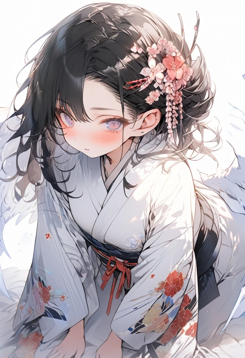 Full body, wearing a slightly revealing floral yukata, beautiful glossy black obi, masterpiece, hot and languid expression, slightly sweaty, 8K quality, black hair, bangs down in a slicked back bun, hair pulled back in a bun, flower hair ornament, cute flirty eyes like in a Japanese anime.