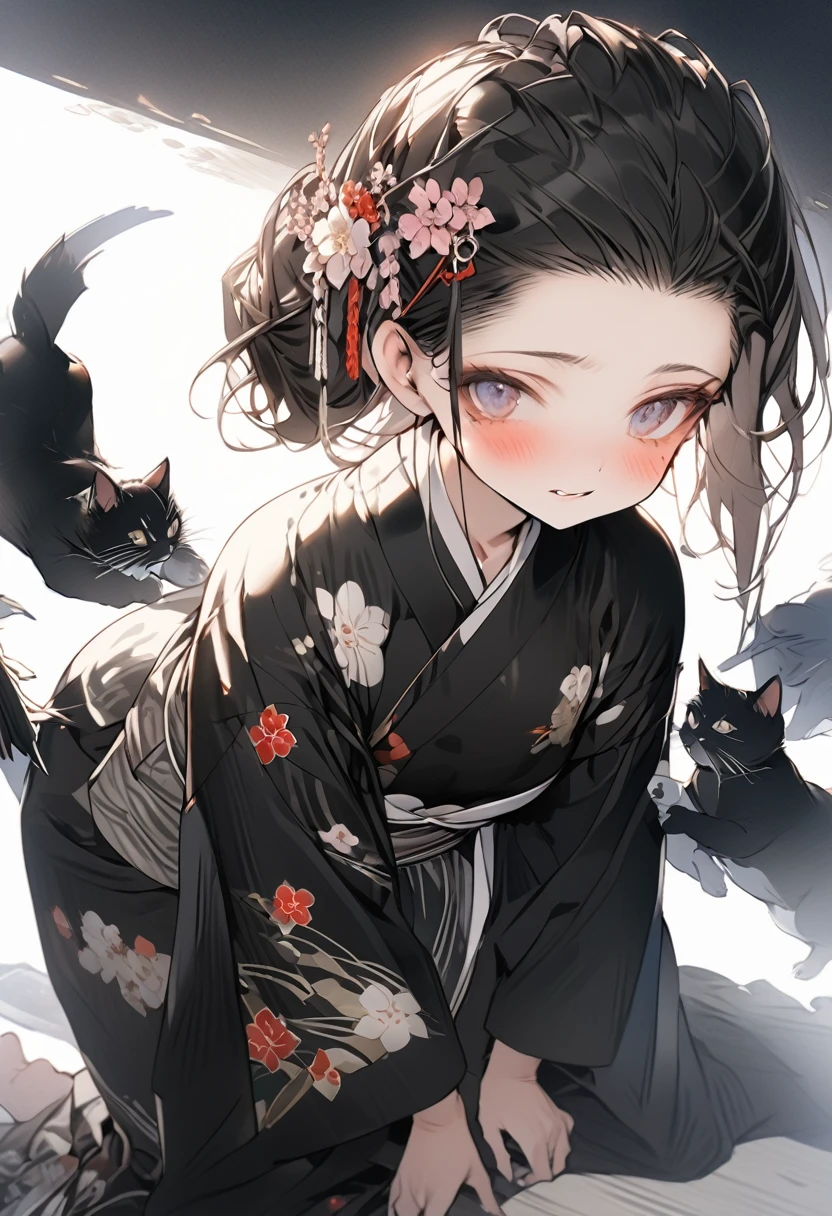 Full body, wearing loose floral yukata, beautiful glossy black obi, masterpiece, hot and languid expression, 8K quality, black hair, bangs down, hair slightly pulled back, flower hair ornament, cute, talebearing eyes like Japanese anime.