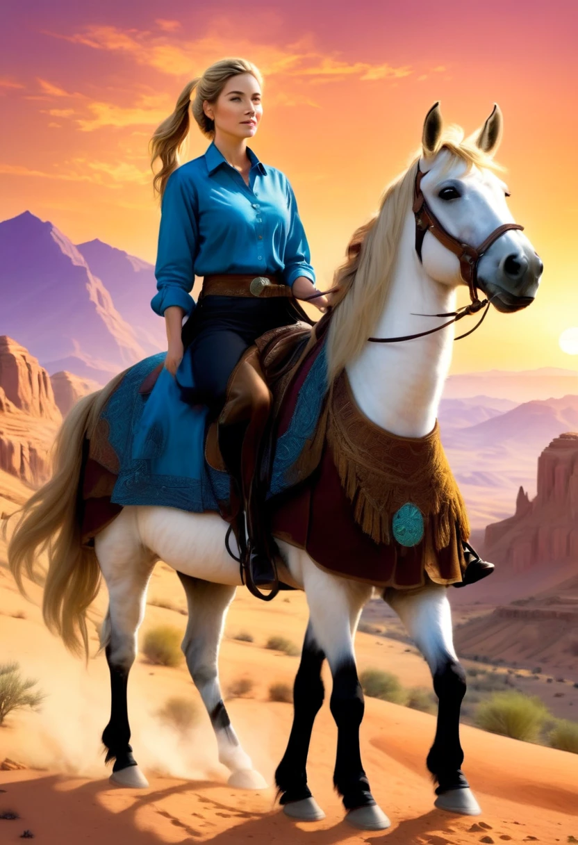 aan oil painting of woman cowboy riding a horse on the desert mountain at sunset, watching the desert canyon, an exquisite beautiful woman, most beautiful woman, blond hair, long hair, in a pony tail, ultra detailed face, best detailed face, wearing blue button shirt, small cleavage, wearing black trousers, dynamic color, wearing high heeled boots, (silhouette art: 1.3), she has a (lasso: 1.1) sun set, sun rays, sky in shades of purple, red, orange and yellow. vibrant colors of sky, Hyperrealism style, vibrant, Ultra-high resolution, High Contrast, (masterpiece:1.5), highest quality, Best aesthetics), best details, best quality, highres, ultra wide angle, 16k, [ultra detailed], masterpiece, best quality, (extremely detailed) RAW, chumbasket art style, oil painting, silhouette