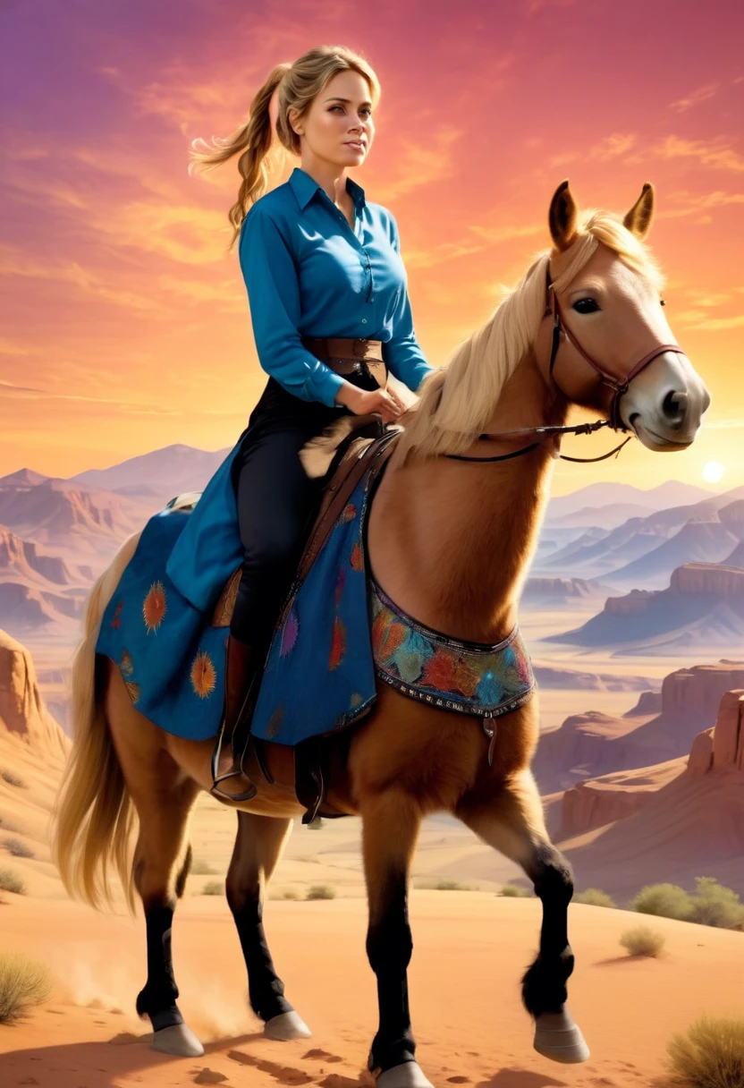 aan oil painting of woman cowboy riding a horse on the desert mountain at sunset, watching the desert canyon, an exquisite beautiful woman, most beautiful woman, blond hair, long hair, in a pony tail, ultra detailed face, best detailed face, wearing blue button shirt, small cleavage, wearing black trousers, dynamic color, wearing high heeled boots, (silhouette art: 1.3), she has a (lasso: 1.1) sun set, sun rays, sky in shades of purple, red, orange and yellow. vibrant colors of sky, Hyperrealism style, vibrant, Ultra-high resolution, High Contrast, (masterpiece:1.5), highest quality, Best aesthetics), best details, best quality, highres, ultra wide angle, 16k, [ultra detailed], masterpiece, best quality, (extremely detailed) RAW, chumbasket art style, oil painting, silhouette