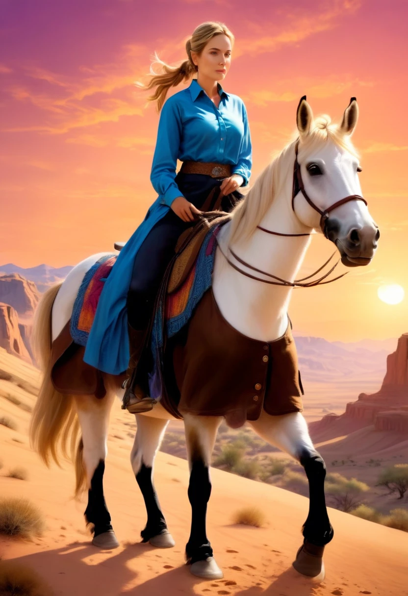 aan oil painting of woman cowboy riding a horse on the desert mountain at sunset, watching the desert canyon, an exquisite beautiful woman, most beautiful woman, blond hair, long hair, in a pony tail, ultra detailed face, best detailed face, wearing blue button shirt, small cleavage, wearing black trousers, dynamic color, wearing high heeled boots, (silhouette art: 1.3), she has a (lasso: 1.1) sun set, sun rays, sky in shades of purple, red, orange and yellow. vibrant colors of sky, Hyperrealism style, vibrant, Ultra-high resolution, High Contrast, (masterpiece:1.5), highest quality, Best aesthetics), best details, best quality, highres, ultra wide angle, 16k, [ultra detailed], masterpiece, best quality, (extremely detailed) RAW, chumbasket art style, oil painting, silhouette