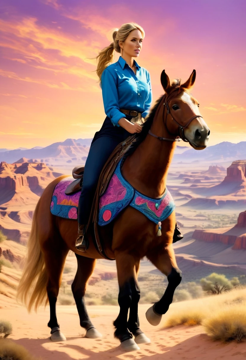 aan oil painting of woman cowboy riding a horse on the desert mountain at sunset, watching the desert canyon, an exquisite beautiful woman, most beautiful woman, blond hair, long hair, in a pony tail, ultra detailed face, best detailed face, wearing blue button shirt, small cleavage, wearing black trousers, dynamic color, wearing high heeled boots, (silhouette art: 1.3), she has a (lasso: 1.1) sun set, sun rays, sky in shades of purple, red, orange and yellow. vibrant colors of sky, Hyperrealism style, vibrant, Ultra-high resolution, High Contrast, (masterpiece:1.5), highest quality, Best aesthetics), best details, best quality, highres, ultra wide angle, 16k, [ultra detailed], masterpiece, best quality, (extremely detailed) RAW, chumbasket art style, oil painting, silhouette