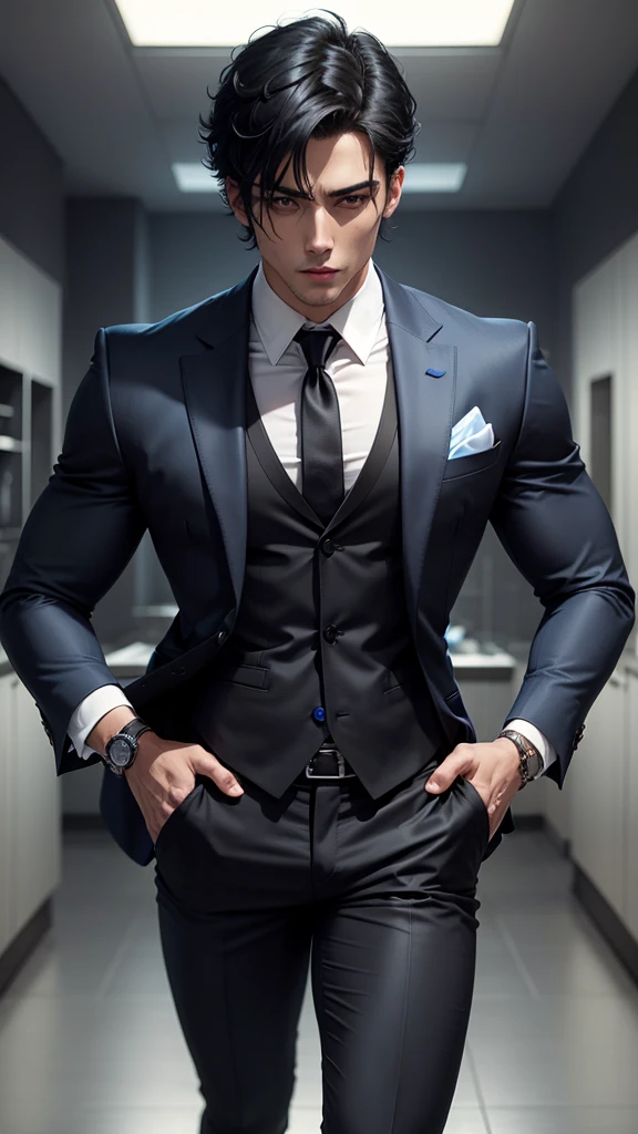 Black hair, handsome, Black pupils Blue suit , Ripped body