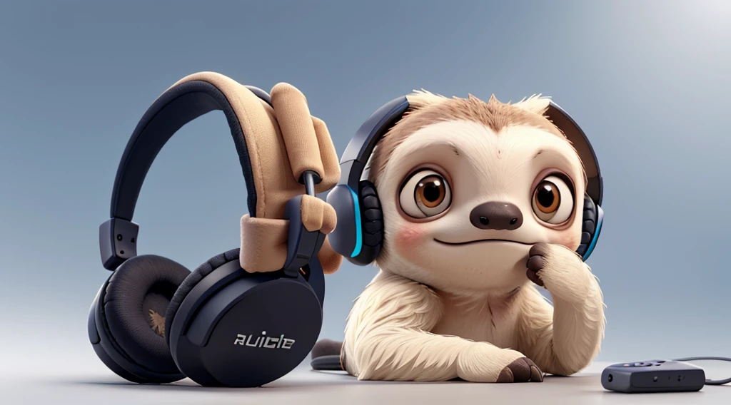 A sloth wearing a wireless headset,「front」Head close-up and in the middle of the screen , No text, There is no equipment in the picture,No other headphones, Solid background(White without gradient)