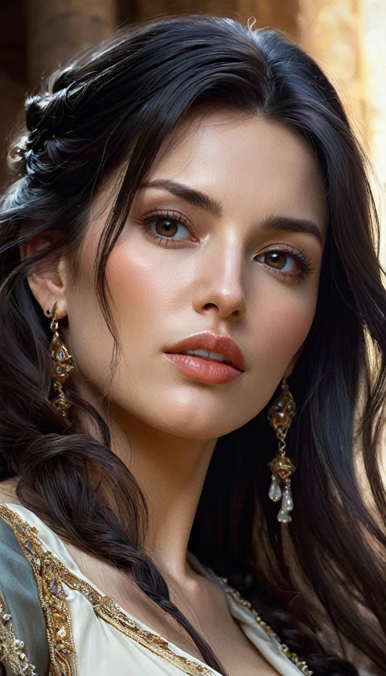 A detailed illustration of dark-haired beautiful Italian girl in a medieval dress, erotic and seductive, hyper detailed moist skin texture, high nose, noble, Soft and bright, HD Art by Greg Hildebrand, Liu Citemar, Sejic Stepan, Sanyang, Aikut Aidgudu, Justin Gerard, Alphonse Mucha, art gelm, WLOP and Greg Rutkowski, (Cindy Crawford:0.5)