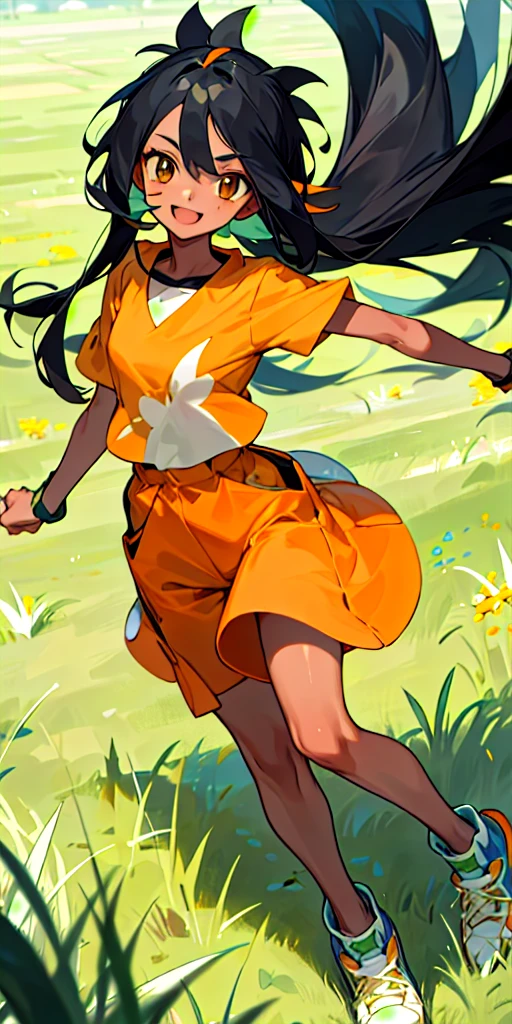 18 Year old girl, long straight orange/black hair, tan skin, Grass type Pokemon trainer, kind expression, Happy 