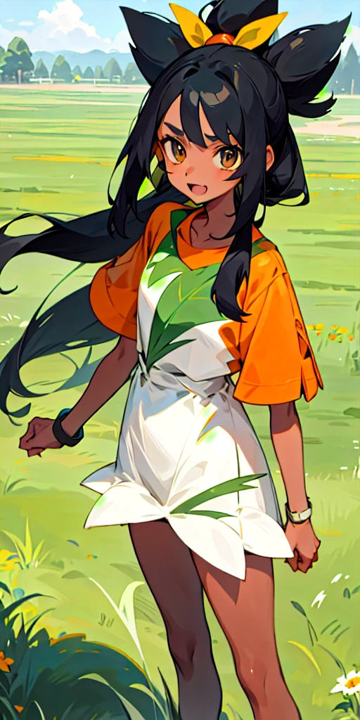 18 Year old girl, long straight orange/black hair, tan skin, Grass type Pokemon trainer, kind expression, Happy 