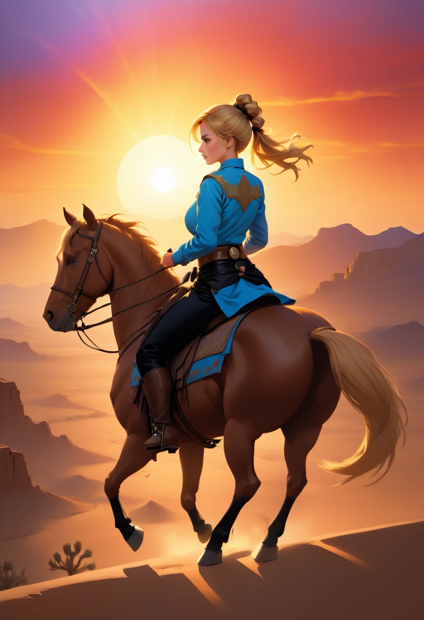 aan oil painting of woman cowboy riding a horse on the desert mountain at sunset, watching the desert canyon, an exquisite beautiful woman, most beautiful woman, blond hair, long hair, in a pony tail, ultra detailed face, best detailed face, wearing blue button shirt, small cleavage, wearing black trousers, dynamic color, wearing high heeled boots, (silhouette art: 1.3), she has a (lasso: 1.1) sun set, sun rays, sky in shades of purple, red, orange and yellow. vibrant colors of sky, Hyperrealism style, vibrant, Ultra-high resolution, High Contrast, (masterpiece:1.5), highest quality, Best aesthetics), best details, best quality, highres, ultra wide angle, 16k, [ultra detailed], masterpiece, best quality, (extremely detailed) RAW, chumbasket art style, oil painting, silhouette