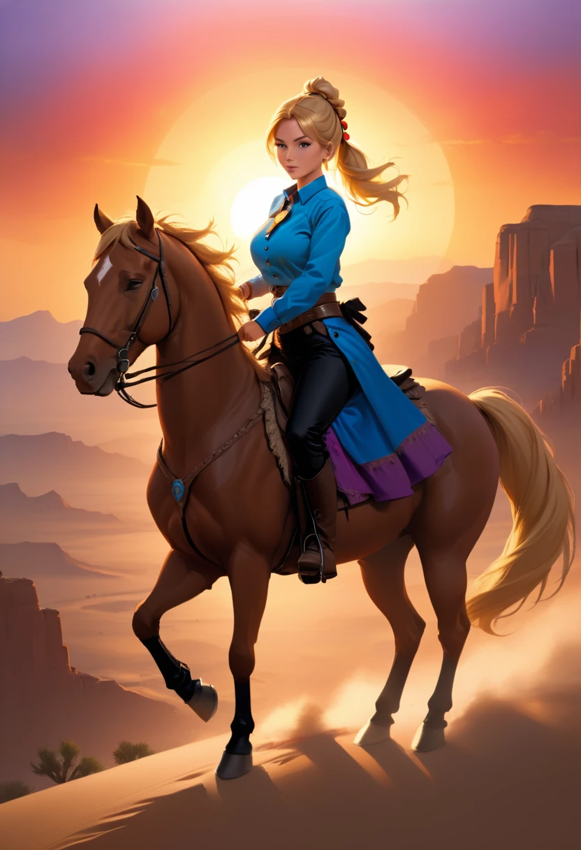 aan oil painting of woman cowboy riding a horse on the desert mountain at sunset, watching the desert canyon, an exquisite beautiful woman, most beautiful woman, blond hair, long hair, in a pony tail, ultra detailed face, best detailed face, wearing blue button shirt, small cleavage, wearing black trousers, dynamic color, wearing high heeled boots, (silhouette art: 1.3), she has a (lasso: 1.1) sun set, sun rays, sky in shades of purple, red, orange and yellow. vibrant colors of sky, Hyperrealism style, vibrant, Ultra-high resolution, High Contrast, (masterpiece:1.5), highest quality, Best aesthetics), best details, best quality, highres, ultra wide angle, 16k, [ultra detailed], masterpiece, best quality, (extremely detailed) RAW, chumbasket art style, oil painting, silhouette