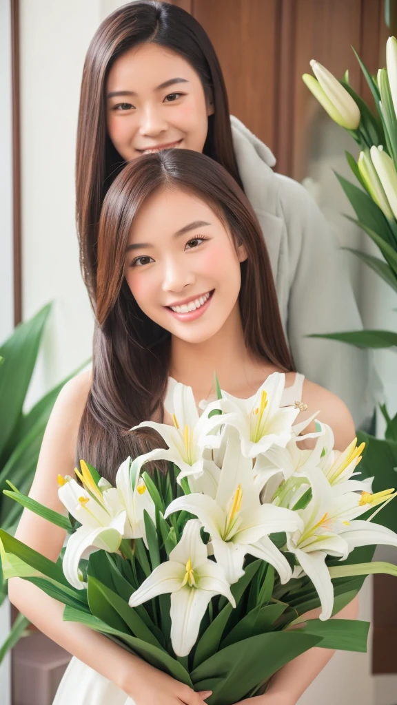 A scene of a beautiful young Asian woman happily receiving a bouquet of large white lilies. The scene shows a smiling person receiving a bouquet of flowers.