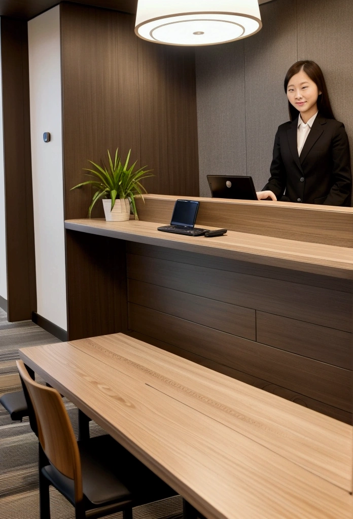 Business hotel front desk。Simple and modern design。On a wooden counter、Computers and phones are neatly arranged。The lobby has comfortable chairs and tables.、Business guests relaxing。The lighting is bright and functional.、Overall it is clean。