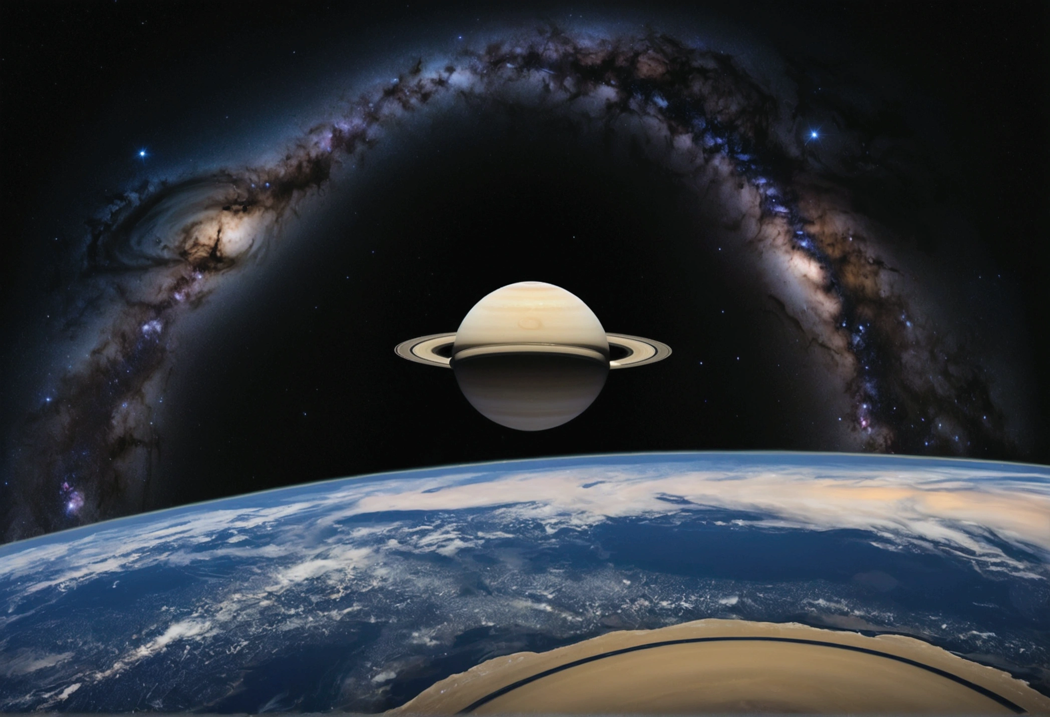Main part、upscale、Excellent image quality、8K picture quality、Beautiful starry sky pictures、Gorgeous、arched galaxy:1.25、Alafed's view of Earth from Saturn:1.9