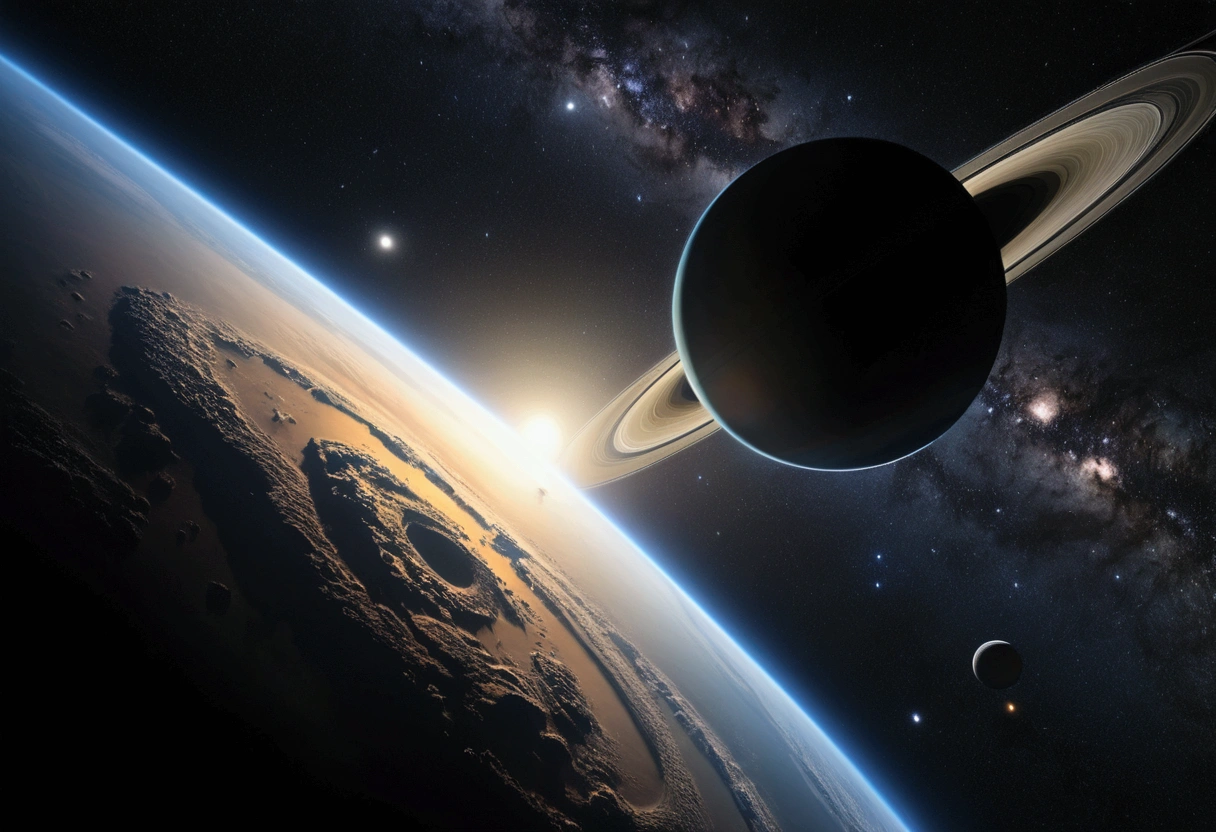 Main part、upscale、Excellent image quality、8K picture quality、Beautiful starry sky pictures、Gorgeous、arched galaxy:1.25、Alafed's view of Earth from Saturn:1.9
