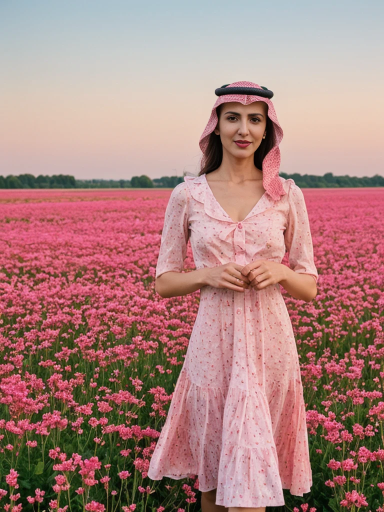 Noura, 1girl, solo, ((Qatari woman)), consistent face and body, ((MILF)), ((30 years old)), (mature), ((slim)), ((Qatari face)), (Qatari nose), (Qatari lips), ((cranky hair)), upper body and upper legs, (background: city flower field at sunset), BREAK, (wearing light-pink printed Flare Dress), smirking, teasing