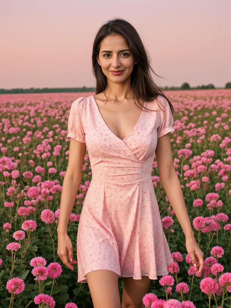 Noura, 1girl, solo, ((Qatari woman)), consistent face and body, ((MILF)), ((30 years old)), (mature), ((slim)), ((Qatari face)), (Qatari nose), (Qatari lips), ((cranky hair)), upper body and upper legs, (background: city flower field at sunset), BREAK, (wearing light-pink printed Flare Dress), smirking, teasing