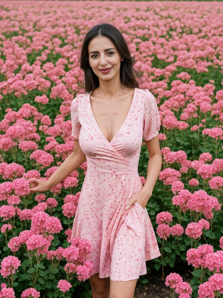 Noura, 1girl, solo, ((Qatari woman)), consistent face and body, ((MILF)), ((30 years old)), (mature), ((slim)), ((Qatari face)), (Qatari nose), (Qatari lips), ((long loose hair)), upper body and upper legs, (background: city flower field at sunset), BREAK, (wearing light-pink printed Flare Dress), smirking, teasing