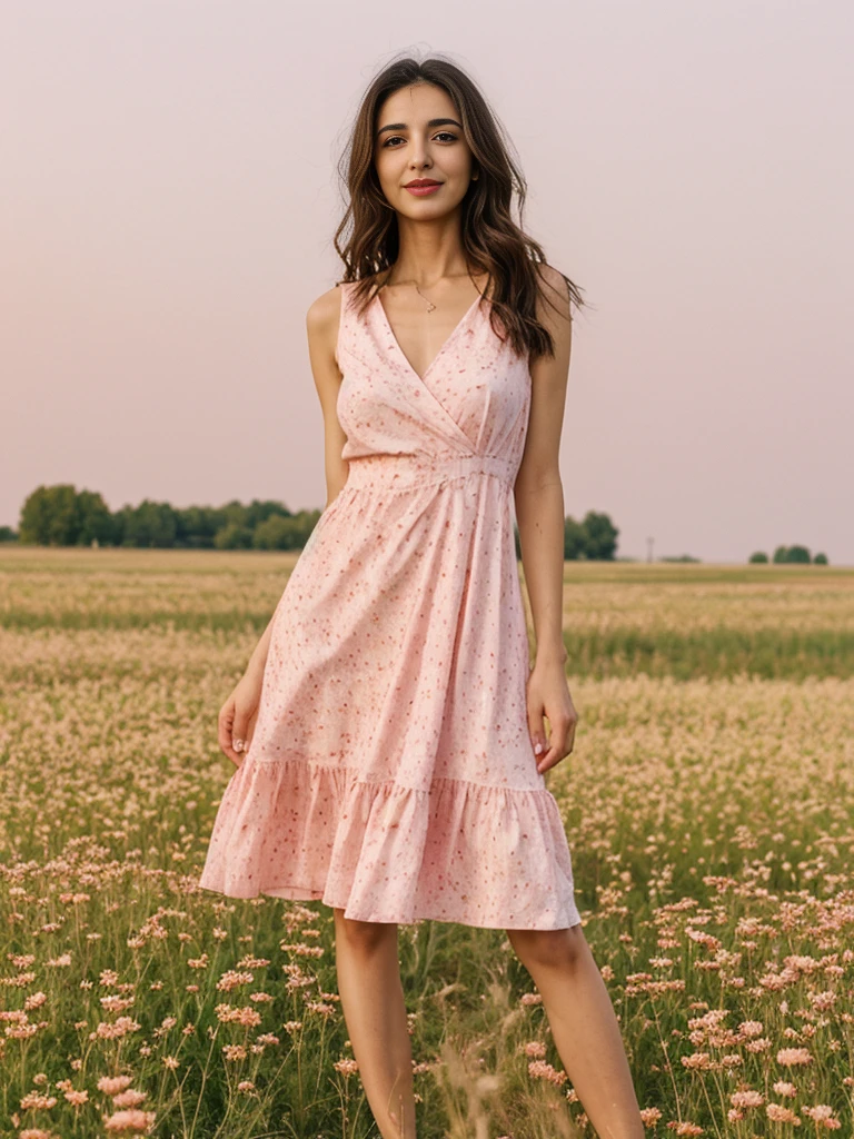Noura, 1girl, solo, ((Qatari woman)), consistent face and body, ((MILF)), ((30 years old)), (mature), ((slim)), ((Qatari face)), (Qatari nose), (Qatari lips), ((cranky hair)), upper body and upper legs, (background: city flower field at sunset), BREAK, (wearing light-pink printed Flare Dress), smirking, teasing