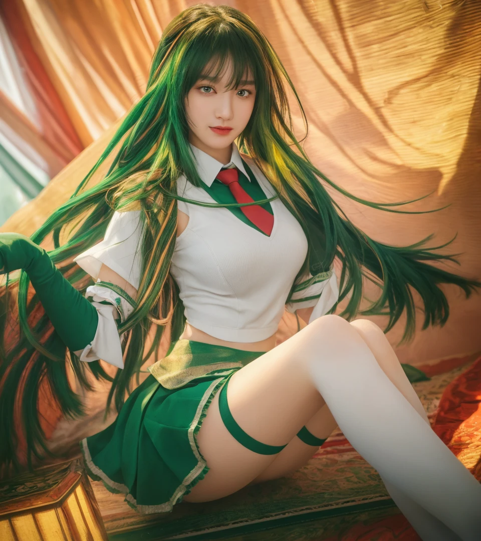 A beautiful young woman with long bangs, flowing black hair, wearing a white shirt, green skirt, and a red tie, posing gracefully and elegantly, 8k, highly detailed, photorealistic, studio lighting, dramatic chiaroscuro lighting, ambient occlusion, depth of field, cinematic composition, masterpiece, standing elegant, green eyes 