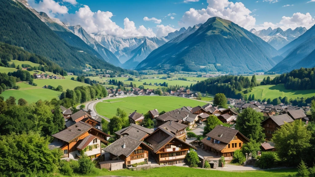 Beautiful scene of ancient Swiss village. Aerial view, Photorealistic photos, High definition.