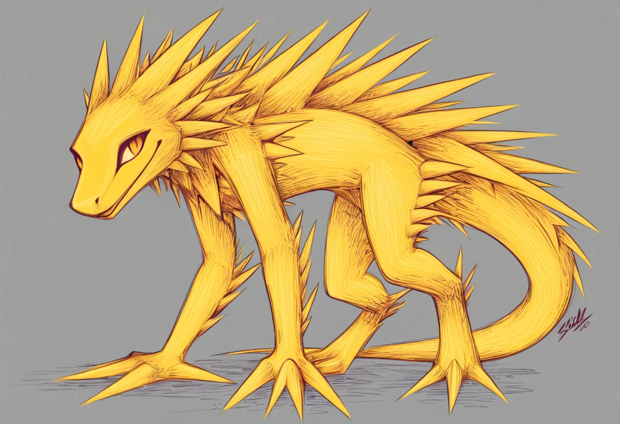 reptile creature covered in golden spikes in scribble art style