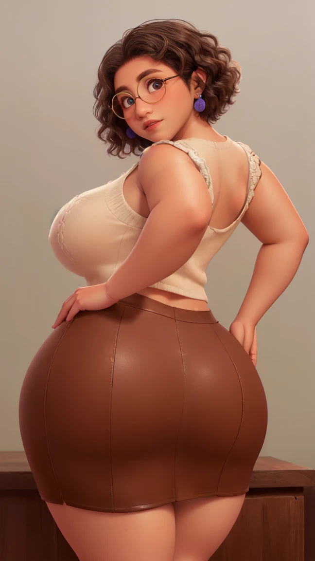 Mirabel Madrigal,  Glasses, smile, ((sleeveless sweater)), market context, (((pencil skirt))), (((Brown leather))), detailed skin, perfect legs, perfect thighs, (((Curvy body))), big breasts ((( take it from behind))), (((fat ass)), (((round ass)))