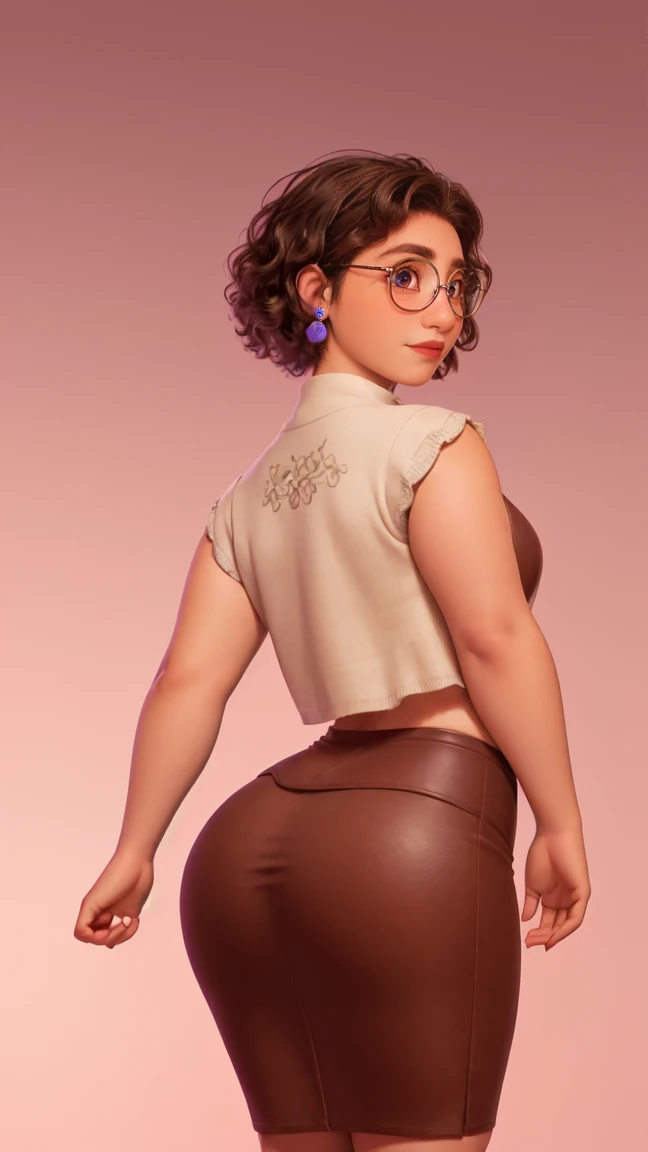 Mirabel Madrigal, Glasses, smile, ((sleeveless sweater)), market context, (((pencil skirt))), (((Brown leather))), detailed skin, perfect legs, perfect thighs, (((Curvy body))), big breasts ((( take it from behind))), (((fat ass)), (((round ass)))
