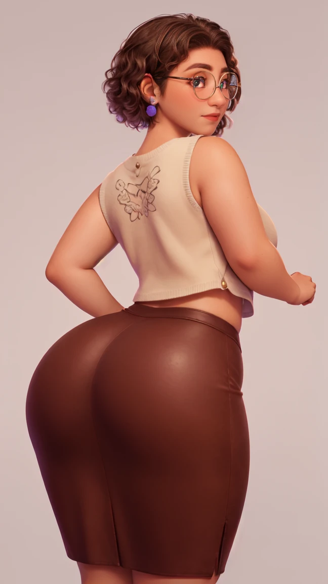 Mirabel Madrigal,  Glasses, smile, ((sleeveless sweater)), market context, (((pencil skirt))), (((Brown leather))), detailed skin, perfect legs, perfect thighs, (((Curvy body))), big breasts ((( take it from behind))), (((fat ass)), (((round ass)))