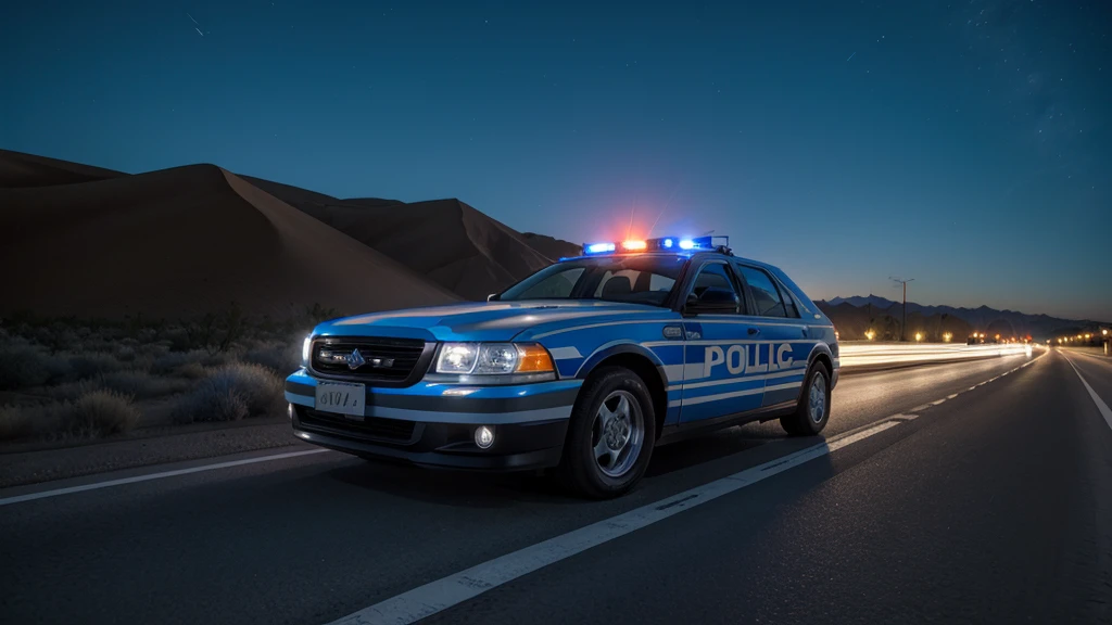 police car stopped on the highway at night in the desert