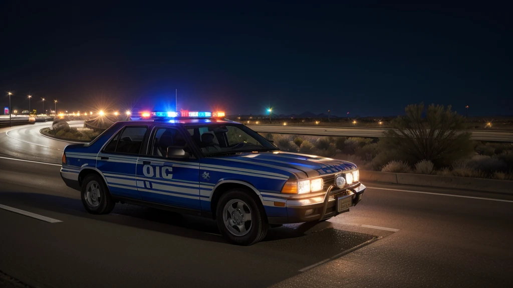 police car stopped on the highway at night in the desert