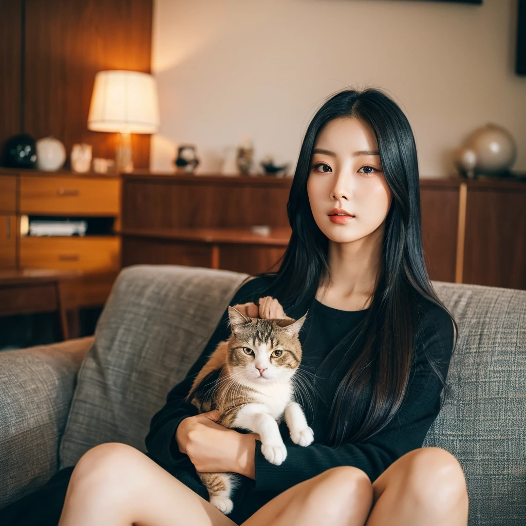 a woman with long hair,eyes black, korean girl, beautiful south korean woman, Asian characteristics, Hwasa do MAMAMOO , korean woman, beautiful young korean woman, Gongbi, gorgeous young korean woman, role model | artgerm,  Chinesa, beautiful asian girl, Ilya Kuvshinov holding a cat while sitting on the sofa 