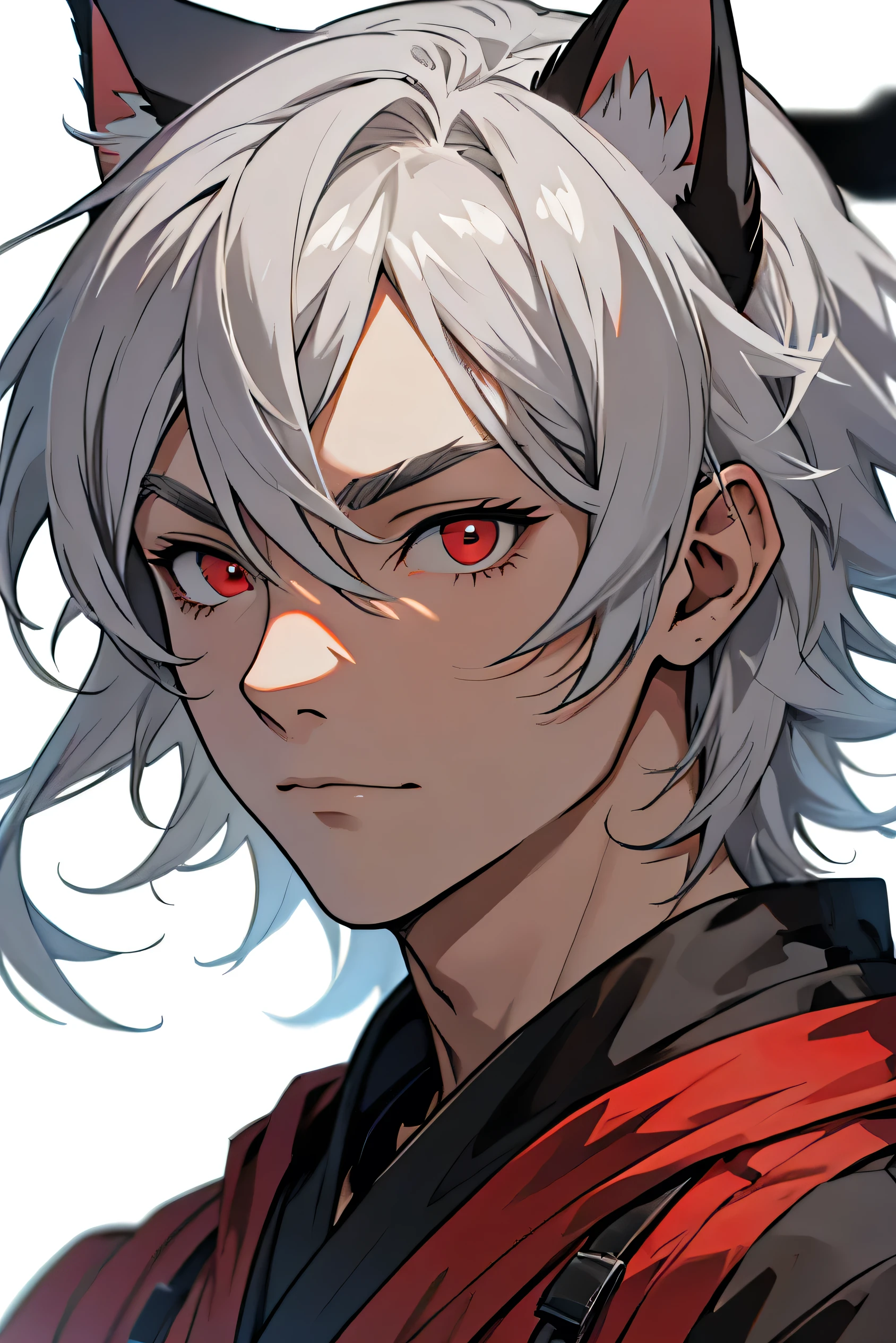 Anime male with grey hair, red eyes, and cat ears that uses a spellblade. neutral face, Wears old robes. Plain white background