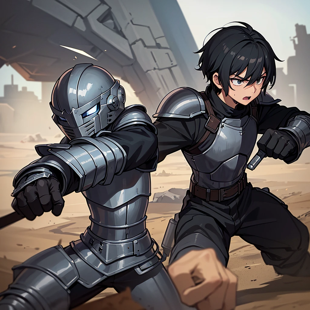 Best illustrations、Best Quality、(have a round shield)、(((Simple grey armor、Black trousers、Black gloves、Short Hair、Black Hair、20 year old man、Iron Helmet)))、(((Fighting Pose)))、(Old ruins、desert。Grass)、(Black, muddy swamp)、(Medieval Knight、10 people、group)、(Close your eyes、get annoyed、Open your mouth、Get angry、Sweat)、battlefield、(Dramatic Angle)