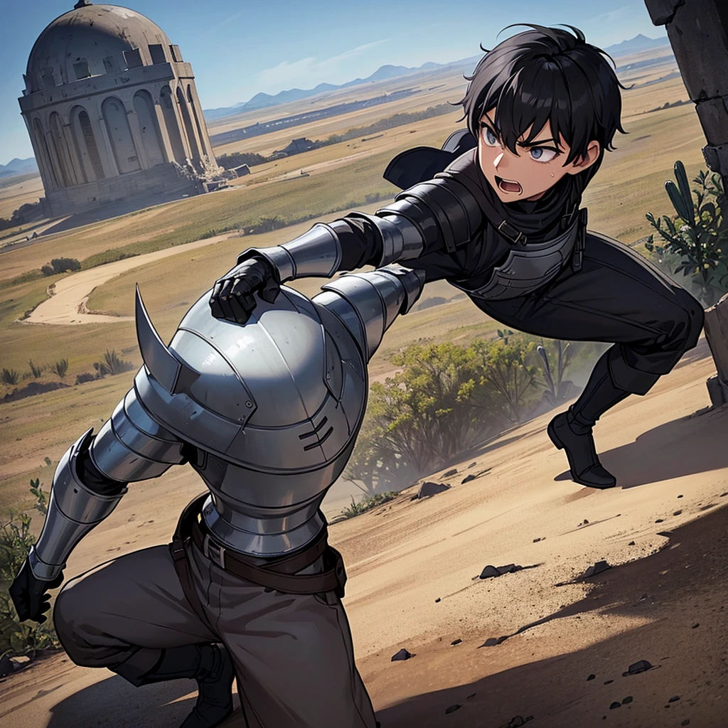 Best illustrations、Best Quality、(have a round shield)、(((Simple grey armor、Black trousers、Black gloves、Short Hair、Black Hair、20 year old man、Iron Helmet)))、(((Fighting Pose)))、(Old ruins、desert。Grass)、(Black, muddy swamp)、(Medieval Knight、10 people、group)、(Close your eyes、get annoyed、Open your mouth、Get angry、Sweat)、battlefield、(Dramatic Angle)