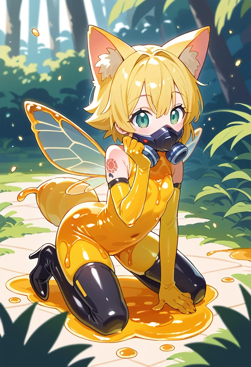 Highest quality, Highest quality, High quality illustrations, masterpiece, Ultra-high resolution, Detailed Background, honeycomb, in the forest, Absurd, Perfect Anatomy, performance, Good lighting, Shadows in the movies(kemono, Furry PersonifiCation), Cat, bee, Honey Skin, Honey Latex, Honey Rubber Suit, Honey Latexスーツ, Honey Lotion, beeスーツ, beeのコスチューム, beeのコスプレ, ゴム製のbeeのしっぽ, beeの羽, Bee wings, Honey Pool, Honey Lotionを浴びている, Covered entirely in honey slime, Kneeling, Tattoo, cyber punk, High heels, cyber punk, Rubber Mask, Dynamic Angle