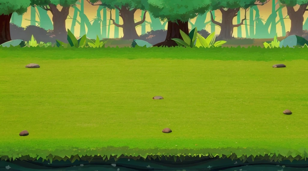 Unity horizontal game background picture animation style forest picture with trees in the distance in the middle of the green plain picture with beach and sea water below