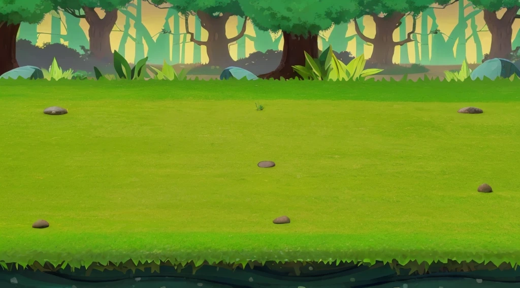 Unity horizontal game background picture animation style forest picture with trees in the distance in the middle of the green plain picture with beach and sea water below