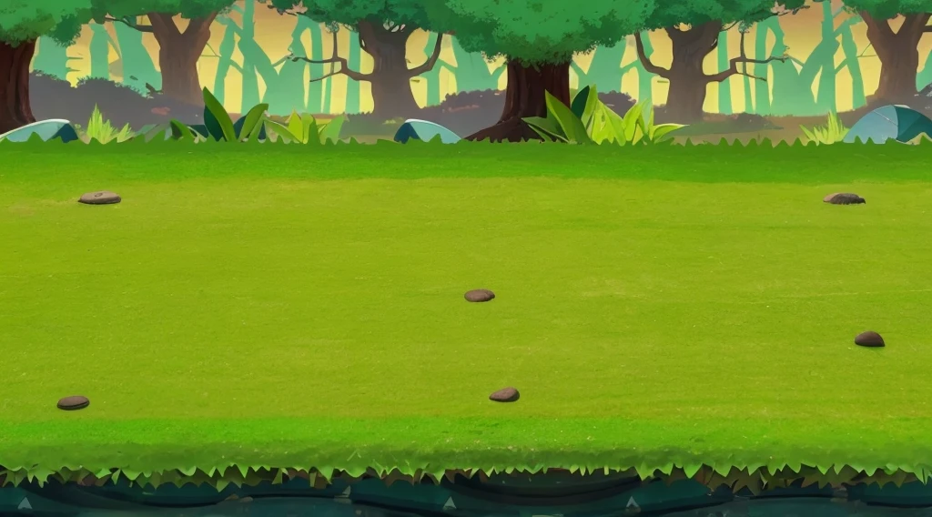 Unity horizontal game background picture animation style forest picture with trees in the distance in the middle of the green plain picture with beach and sea water below