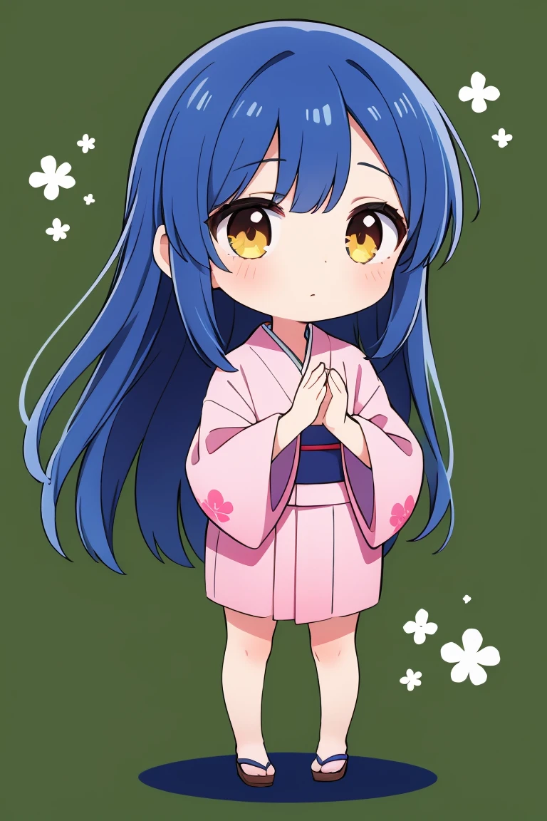 1girl,flower pattern , pink kimono,blue hair,brown eye,long hair,chibi,standing, put hands on body, full body,green background