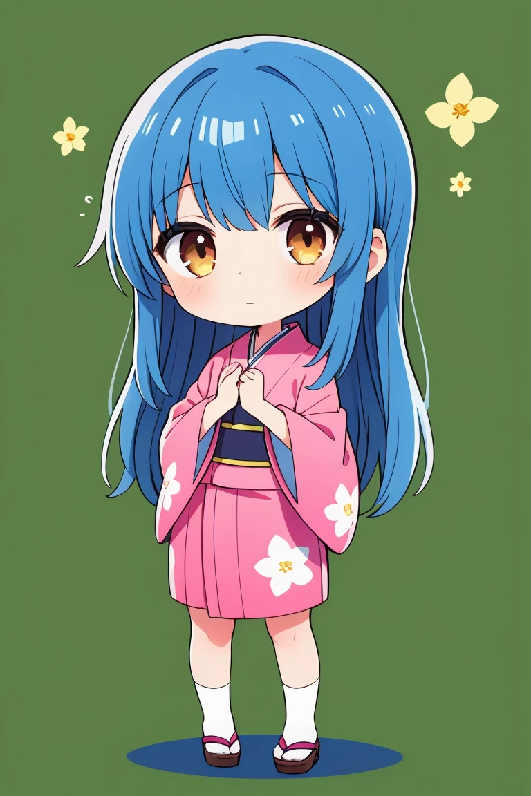 1girl,flower pattern , pink kimono,blue hair,brown eye,long hair,chibi,standing, put hands on body, full body,green background