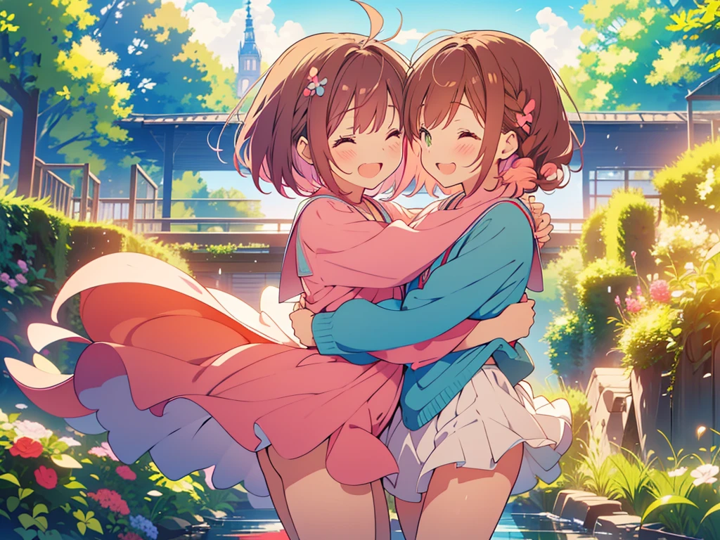 kawaii, anime, Cute, hyper quality, highly detailed, 8k, Clarity, Two girls with brown hair and pink hair, One person has long dark brown hair and green eyes., The other is a young girl with a bright pink short bob and scarlet eyes., Hug each other in Europe's natural water gardens, shed tears, A touching reunion, warm atmosphere, clear blue sky, jump on, whole body, clear air, planted flowers and greenery, Draw facial expressions in detail, highlight on eyes, Close your eyes and cry and laugh, pull perspective, hoodie, Uplifting, jump and hug, Draw the whole body of both of them, light dances, pink hair, Netherlands, pick up a , A small butterfly of light dances, with pink hair and short bob,