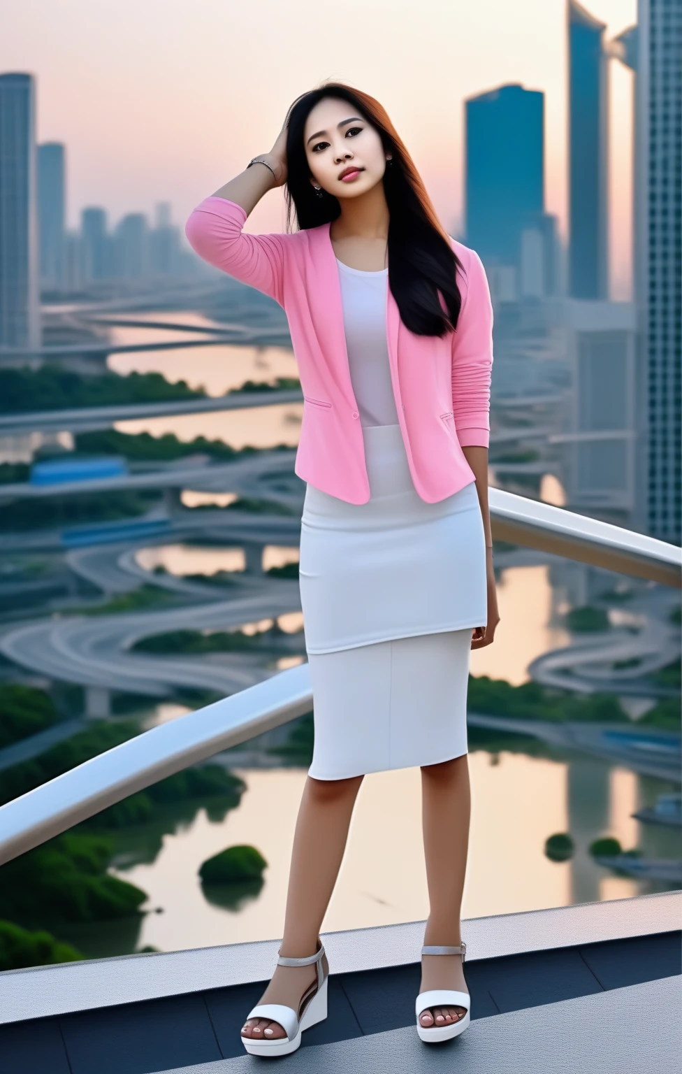 photorealistic of pretty thai young woman standing on modern footbridge, she wearing navy-blue jacket (+outer), pink t-shirt, white pencil skirt, and silver platform sandals, black long hair woman, forehead, (1girl, solo,full body), (masterpiece, best quality), BREAK, (pink t-shirt, white pencil skirt, and silver platform sandals)