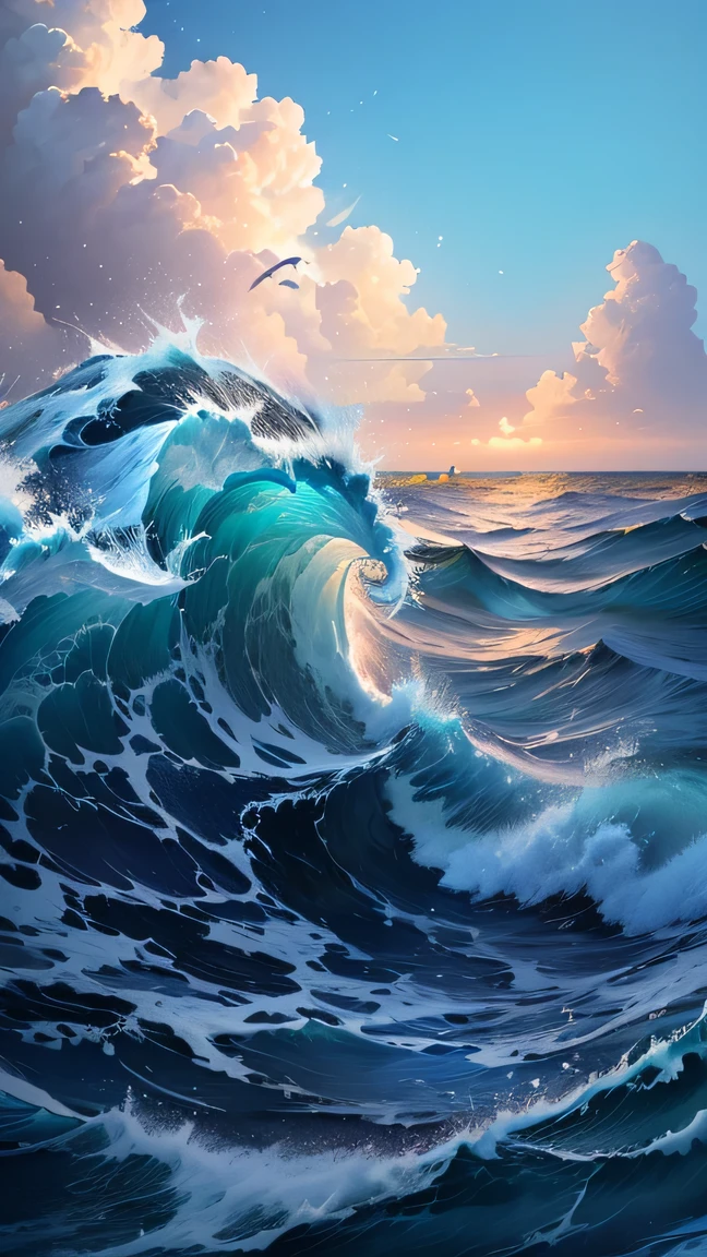 一幅描绘Waves海洋，Beautiful painting of the sky, Troubled marine environment, blue Waves, Blue water waves, Detailed sea, 8k high-definition detailed oil painting, Rough Seas, Clouds and waves, Waves, Detailed 4k oil painting, Waves, 4k highly detailed digital art, Rough Waves, Amazing Waves, Detailed 4k, Waves