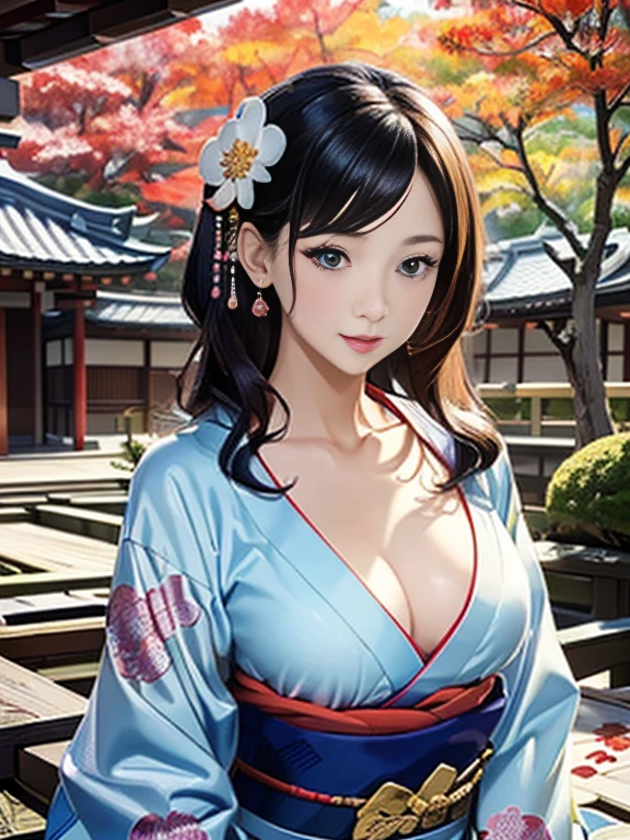 (Highest quality、 8k 、masterpiece、High resolution)、 Japanese painting、Vibrant colors、A woman wearing a kimono、Ample breasts、Hands on chest、(Highly detailed face and eyes,Beautiful Face,Beautiful Eyes,Beautiful nose,Pretty lips)、Dynamic painting technique、Japanese garden、Autumn scenery、autumn leaves、Starry Sky、Detailed Description、