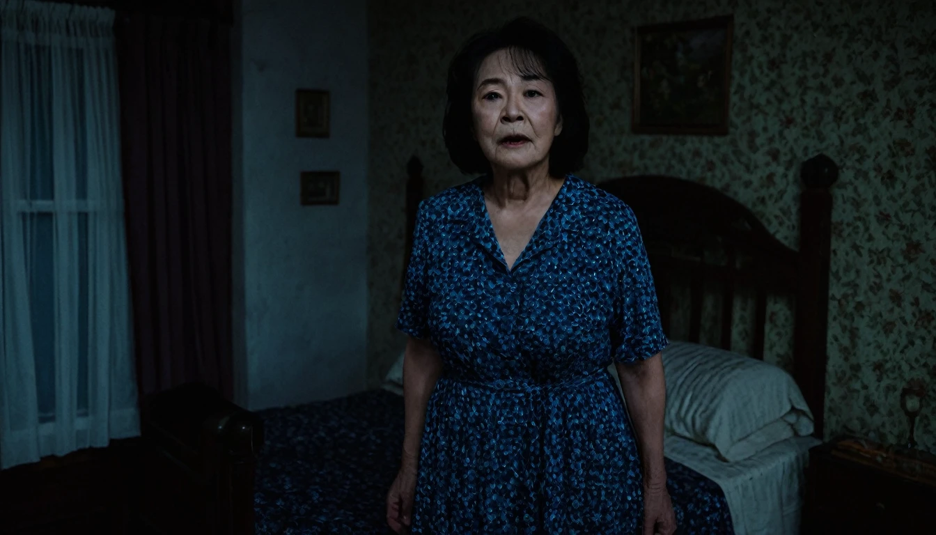Midsummer、midnight、Bedroom、Creepy middle-aged woman standing