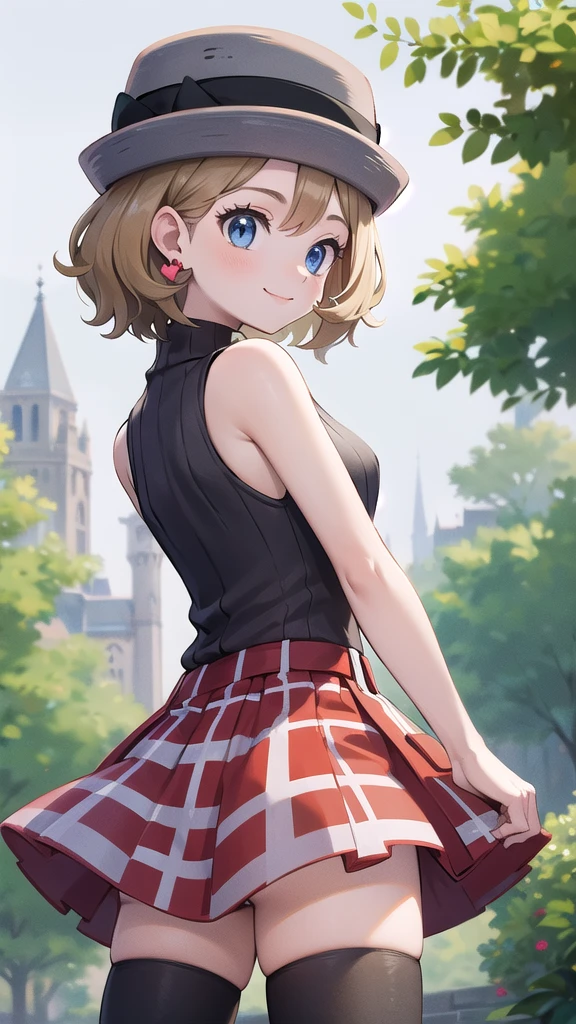 Masterpiece, perfect lighting, (beautiful, Best quality: 1.3), Perfect eyes, perfect anatomy, absurd, 8k, ccserena, solo, short hair, smile, in loved, (gray hats: 1.2), earrings, eyelashes, blue eyes, gray sweater, vest , sleeveless turtleneck, bare arms, plaid skirt, red skirt, thigh highs, black stockings, from behind, in the park at day